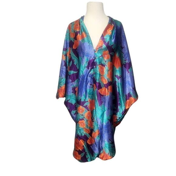 No Brand Other - Vintage Kaftan Kimono OneSize Blue Floral Button Accent Satin Open Robe